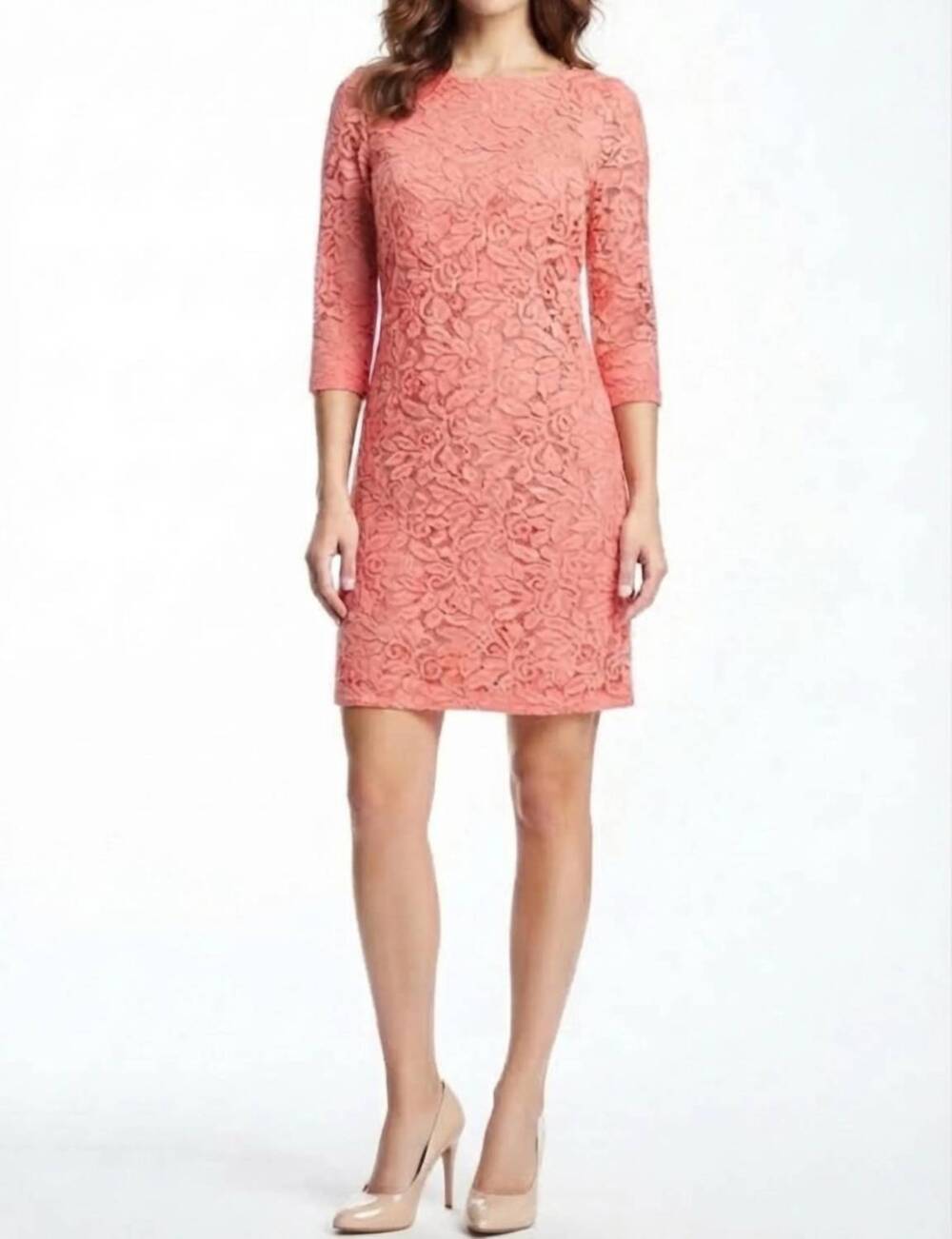 NEW SANDRA DARREN floral lace 3/4-sleeve sheath dress in coral
